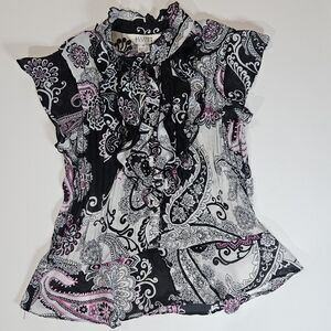 Allison Taylor Blouse‎ Womens Medium Black White Purple Floral Cottagecore Style